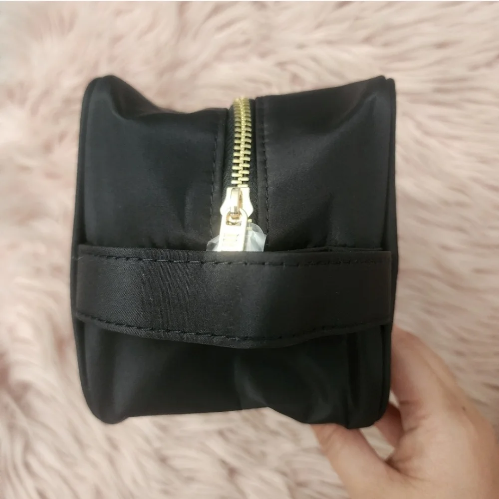 Milani makeup bag travel pouch black nylon gold embroidered